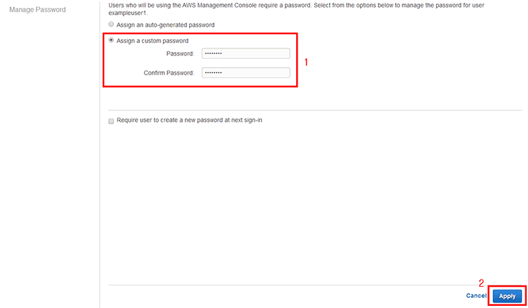 Assign a custom password를 선택하고 사용할 비밀번호를 입력한 뒤 <FontIcon icon="iconfont icon-select"/> 버튼을 클릭합니다 (Assign an auto-generated password를 선택하면 비밀번호가 자동으로 생성됩니다).