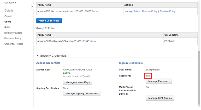 IAM 사용자()의 Sign-In Credentials → Password에 Yes로 표시되었고 비밀번호가 설정되었습니다.
