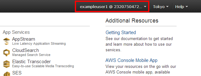 AWS 콘솔에 접속하면 맨 위 이름 표시 부분에 자신의 이름 대신 "IAM 사용자@AWS 계정 ID"가 표시됩니다.