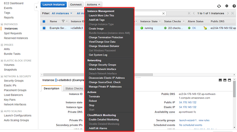 IAM 그룹을 생성할 때 Amazon EC2 Full Access 권한을 설정했기 때문에 EC2 인스턴스 목록(<FontIcon icon="fa-brands fa-select"/> → )에서 앞에서 생성했던 EC2 인스턴스(Example Server)를 볼 수 있고, EC2 인스턴스를 제어할 수 있습니다.