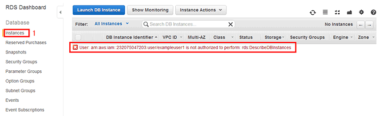 RDS DB 인스턴스 목록(Instances)를 보면 붉은색 글씨로 인증되지 않았다는 에러 메시지가 표시됩니다. 앞에서 IAM 그룹과 사용자에 RDS 접근 권한을 설정하지 않았기 때문에 RDS는 사용할 수 없습니다.