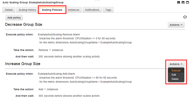여기서 각 정책의 <FontIcon icon="iconfont icon-select"/> 버튼을 클릭하면 팝업 메뉴가 나옵니다.<br/><FontIcon icon="iconfont icon-select"/>를 클릭하면 CPU 사용률을 강제로 변경하지 않아도 EC2 인스턴스를 즉시 추가하거나 삭제할 수 있습니다.<br/>그리고 <FontIcon icon="iconfont icon-select"/>를 클릭하면 정책을 변경할 수 있고,<br/><FontIcon icon="iconfont icon-select"/>를 클릭하면 정책을 삭제할 수 있습니다.