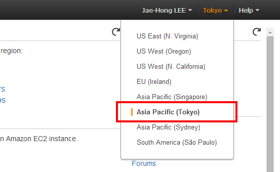 앞에서 Tokyo 리전에 ELB 로드 밸런서를 생성했으므로 Tokyo 리전을 선택합니다.